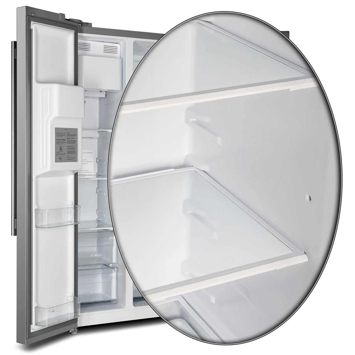 Stainless steel refrigerator door open with close-up view of interior storage surface