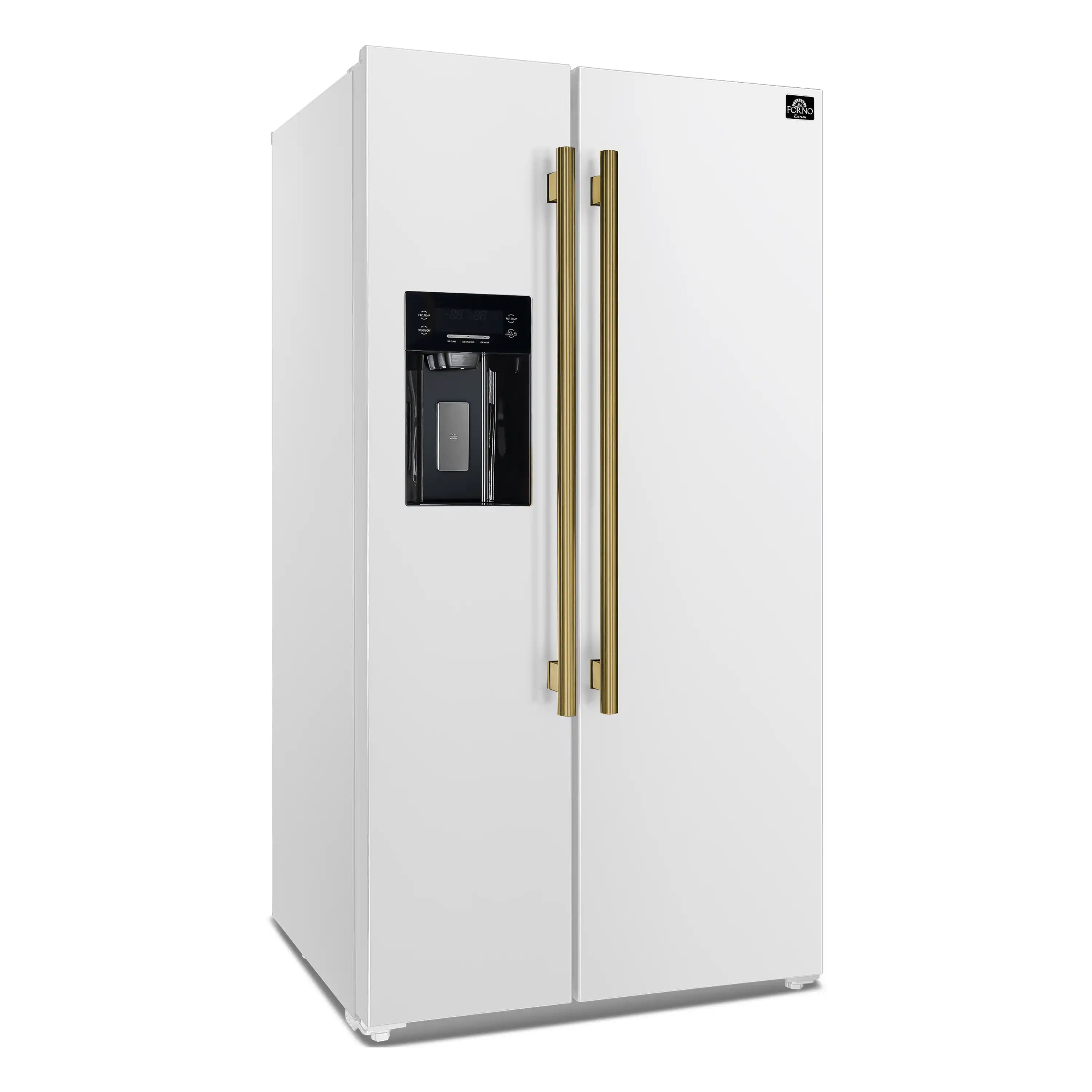 White side-by-side refrigerator with brass vertical handles and water dispenser opening