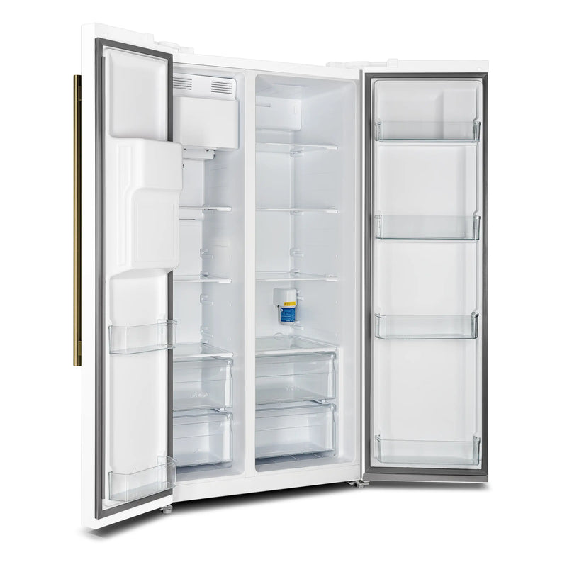 Forno 3-Piece Appliance Package - 30-Inch Gas Range, Refrigerator with Water Dispenser, and Dishwasher in White with Antique Brass Trim