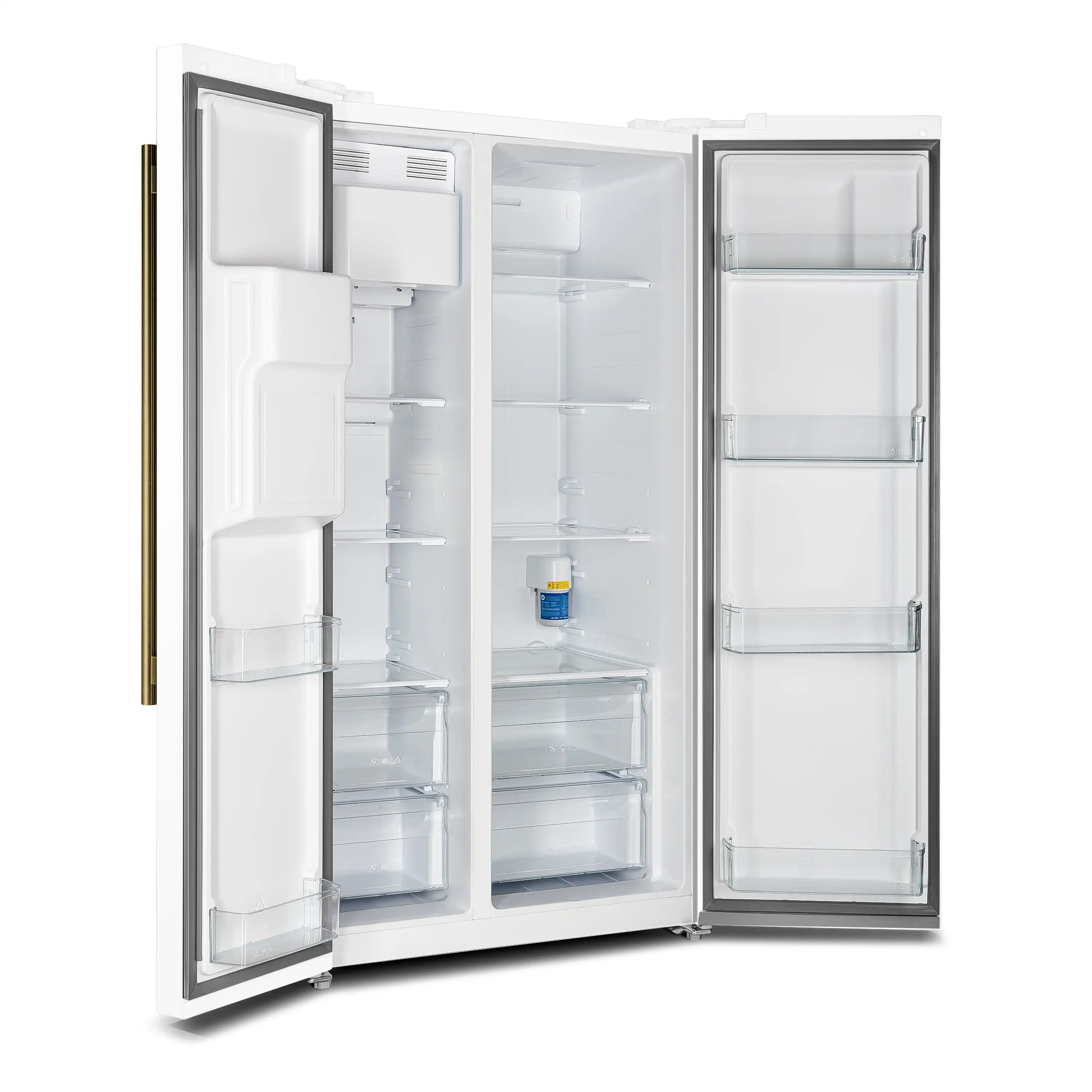 Open white refrigerator showing shelves, crisper drawers, and water dispenser bin