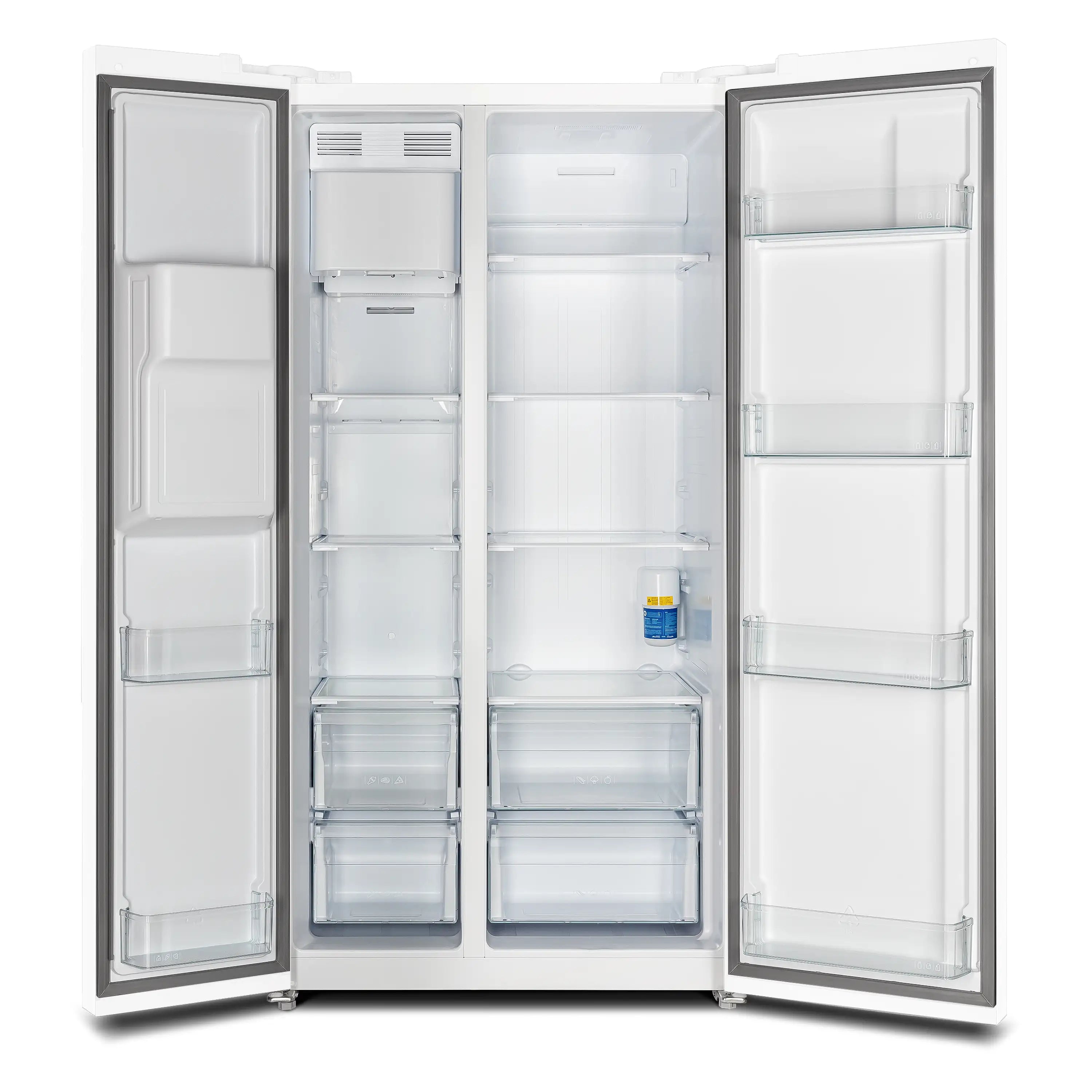 White side-by-side refrigerator with both doors open, interior shelves and crisper drawers