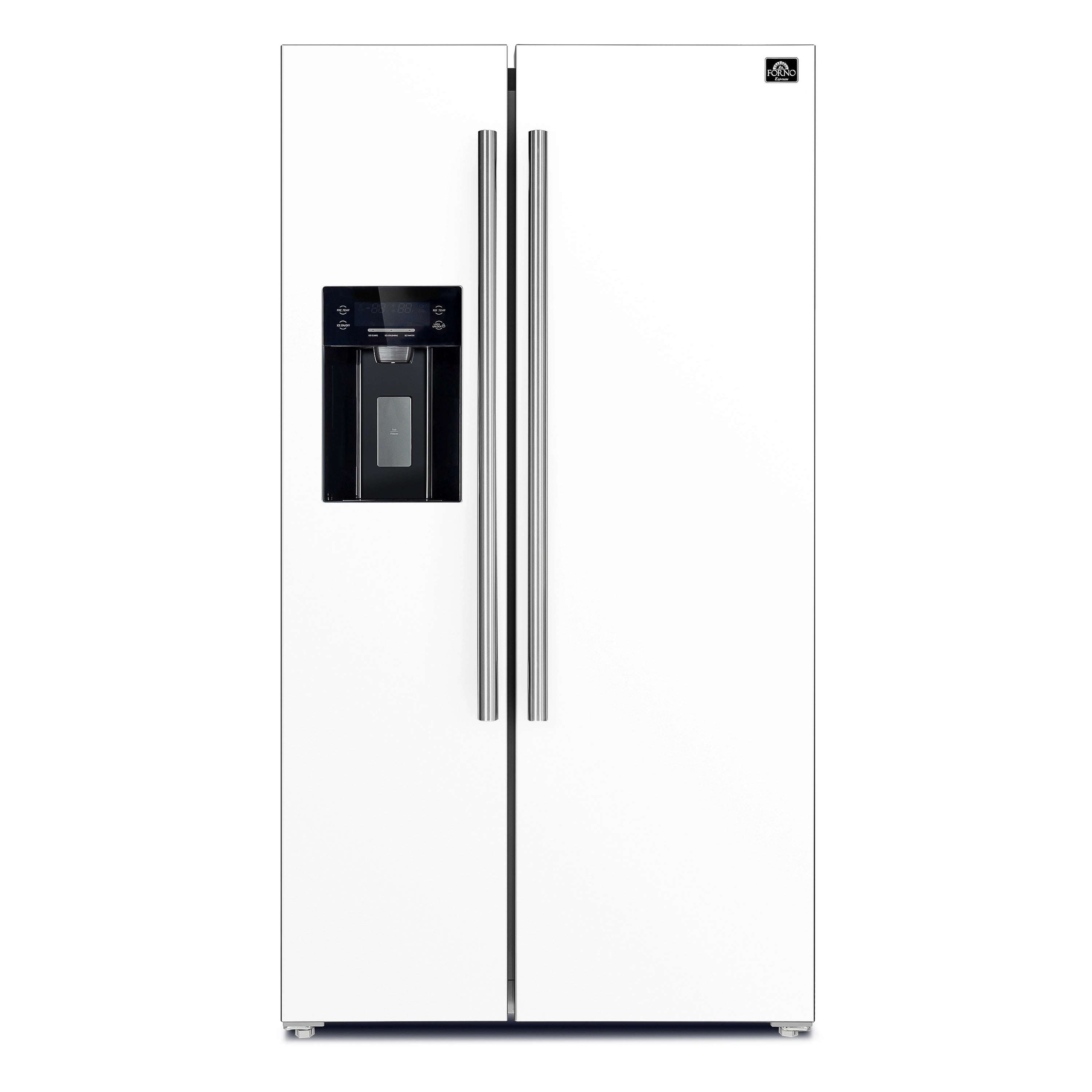 White side-by-side refrigerator with dual stainless handles and built-in water dispenser panel