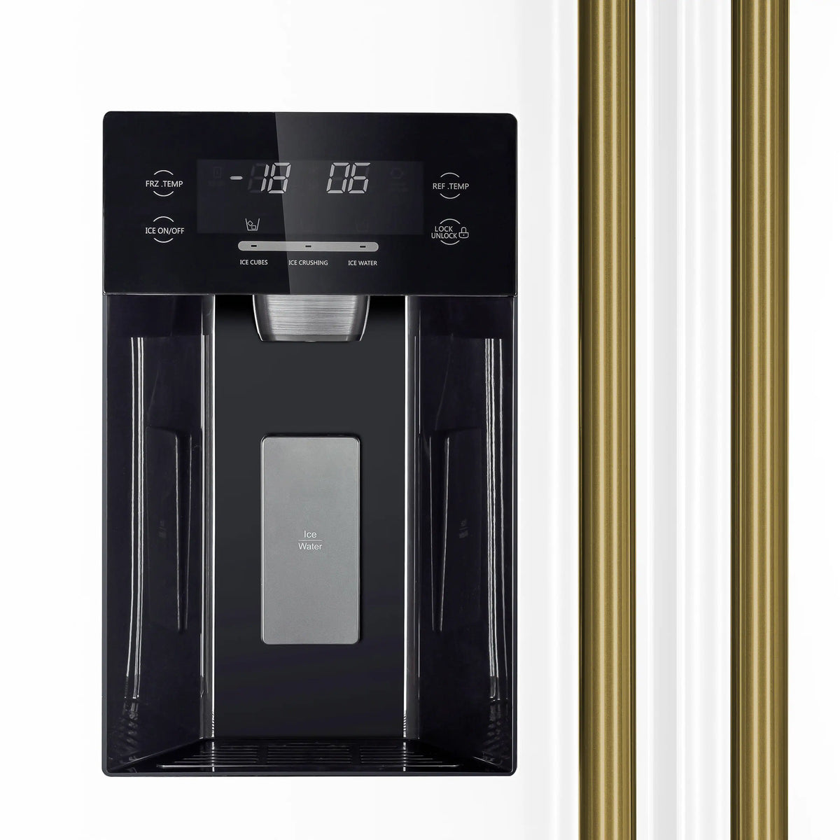 Black glass electric range control panel with display and antique brass knobs