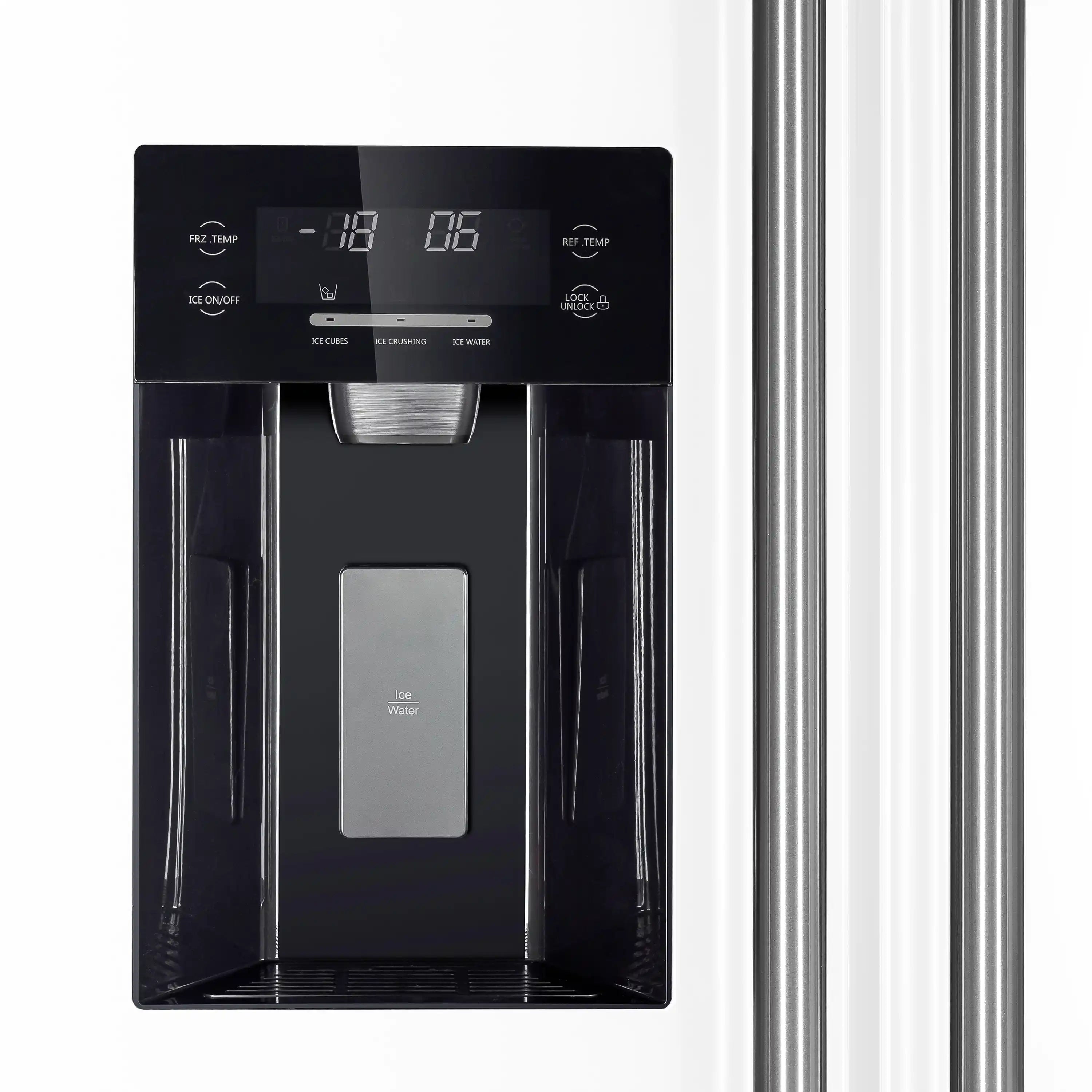 Black digital control and water dispenser area on white refrigerator door with stainless handles