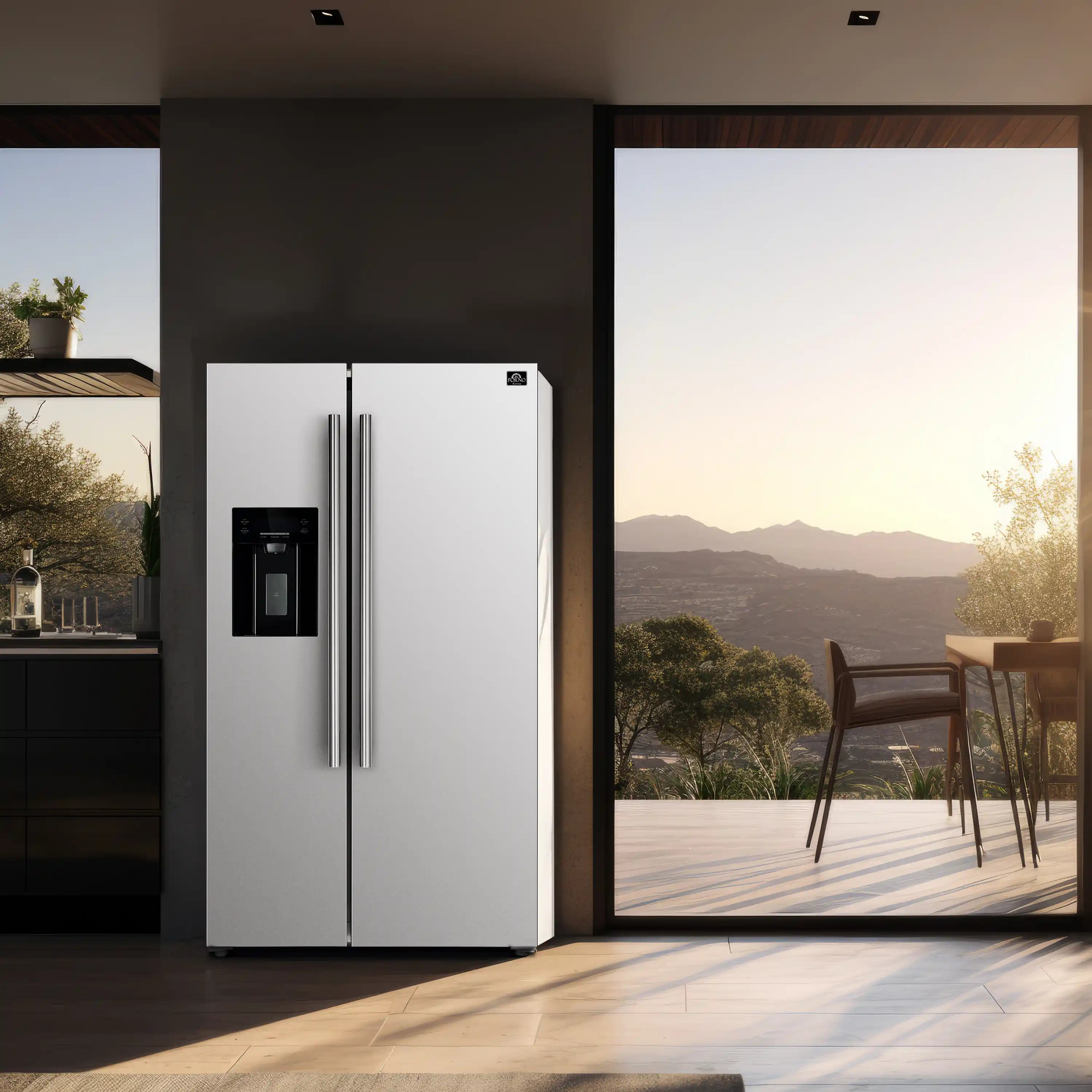 White side-by-side refrigerator with stainless handles and water dispenser, kitchen doorway installation