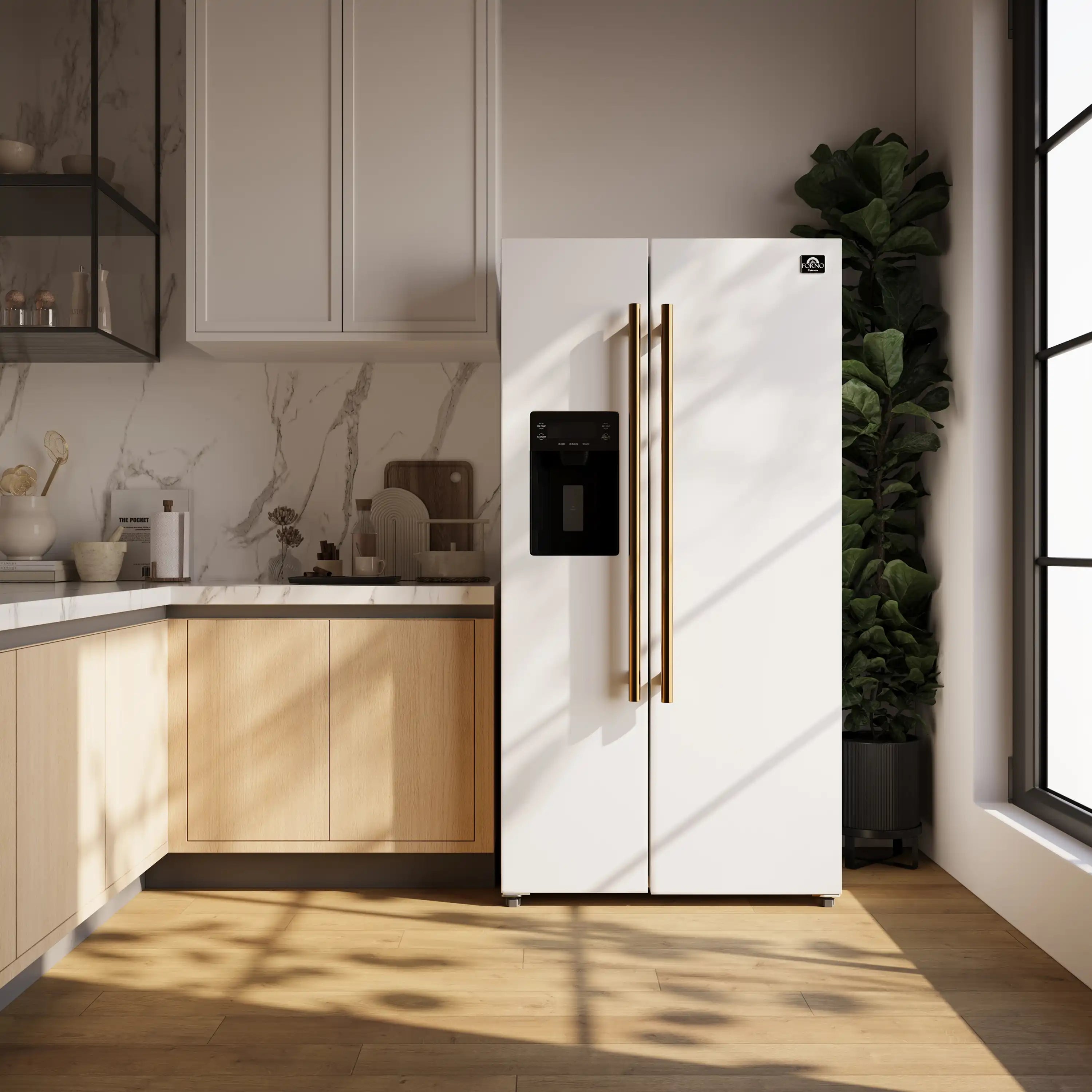 White side-by-side refrigerator with brass handles and water dispenser on the door