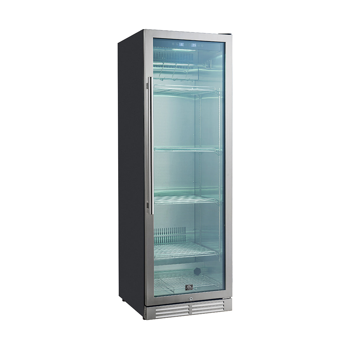 Stainless dry aging cabinet with glass door, interior shelves, and vented base