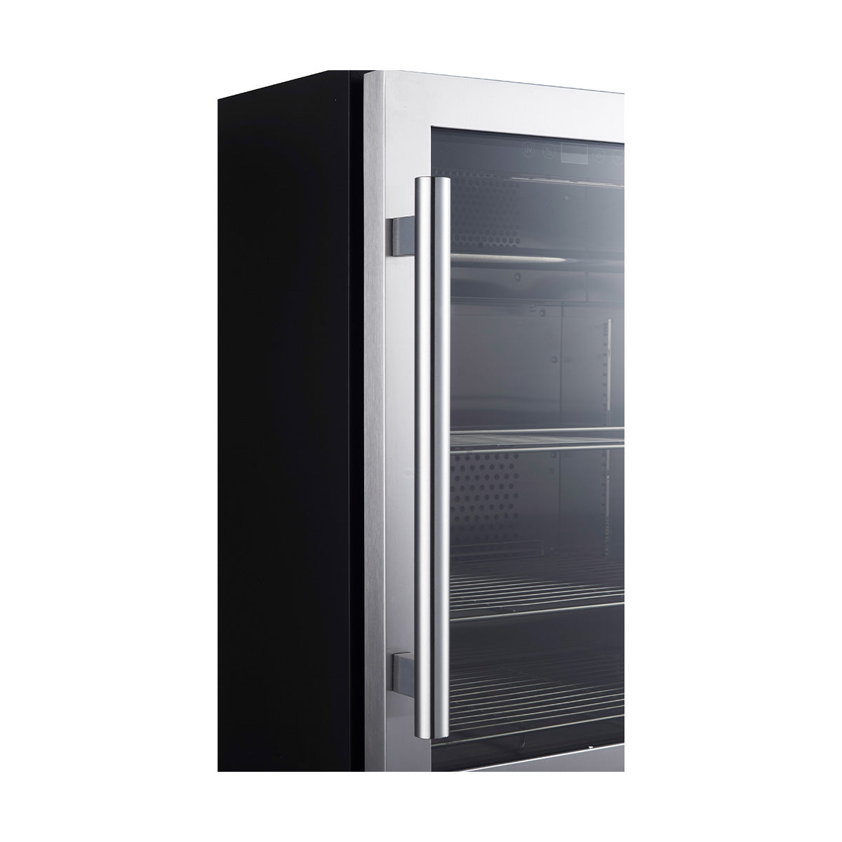 Side view of stainless steel dry aging cabinet with tall glass door handle