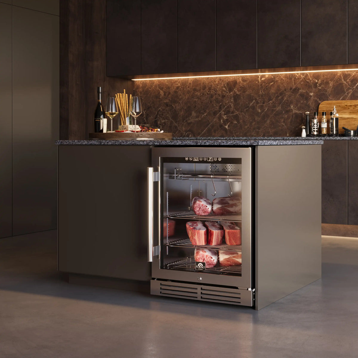 Stainless steel dry aging cabinet with open door and interior racks for meat