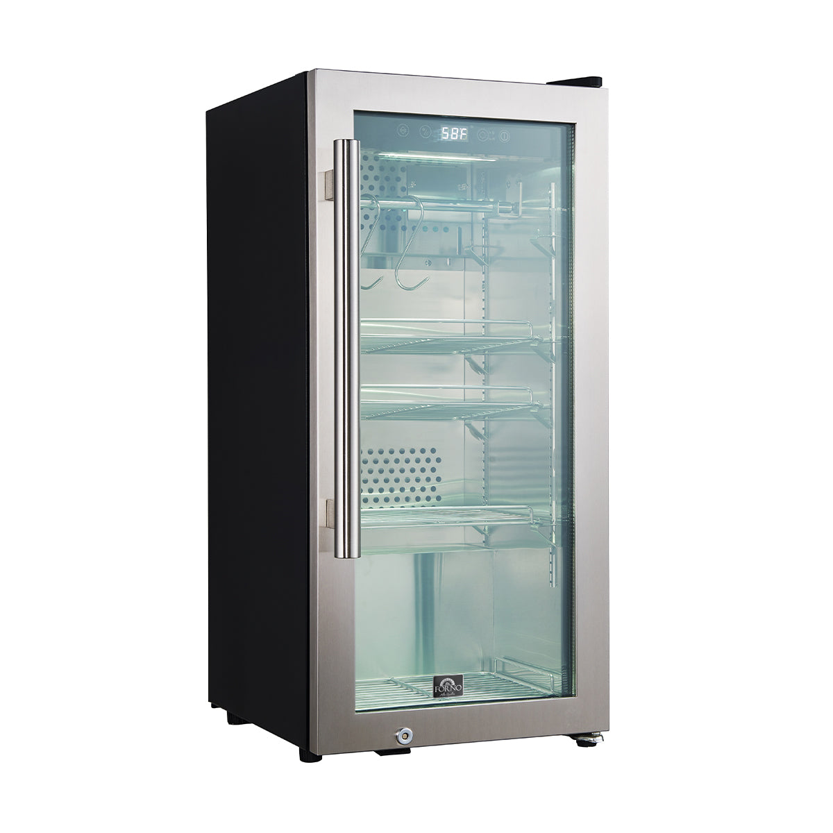 Silver dry aging cabinet with front glass door and illuminated control display