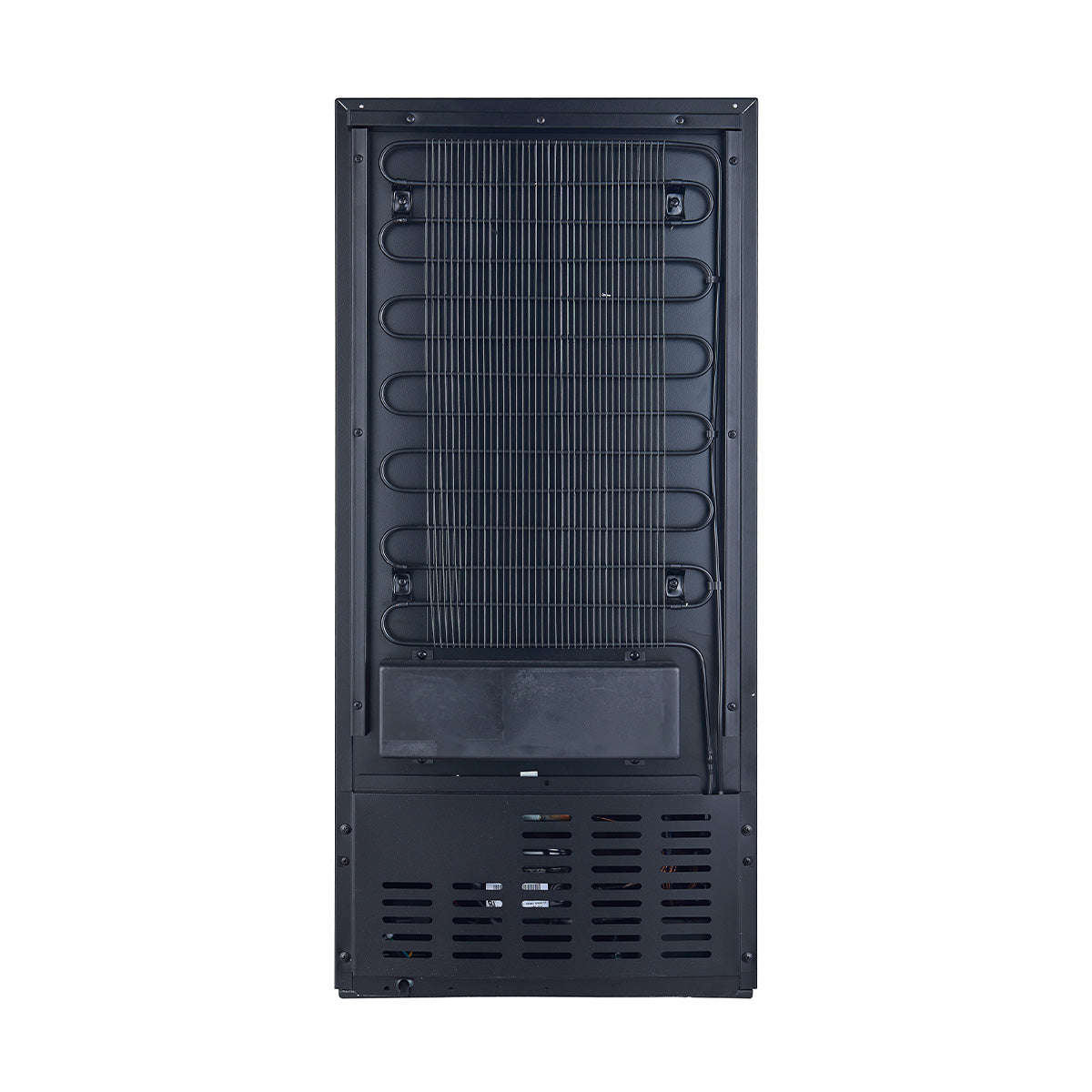 Dry aging cabinet rear panel with fan grille and coiled tubing inside