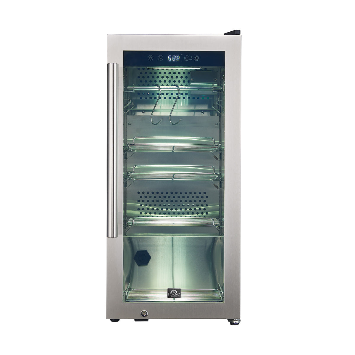 Silver dry aging cabinet open, front glass door with stacked shelves and racks
