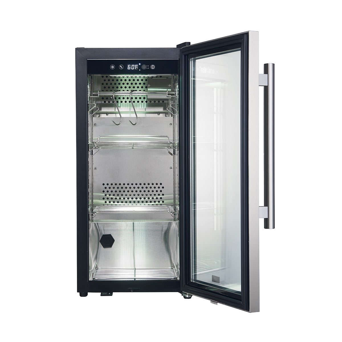Black dry aging cabinet open door showing stainless racks, shelves, and perforated wall