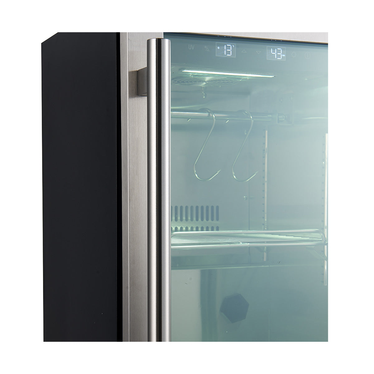 Stainless steel dry aging cabinet with glass door and digital temperature display