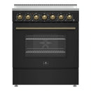 Forno 5-Piece Appliance Package - 30-Inch Electric Range, Wall Mount Range Hood, 60-Inch Refrigerator, Dishwasher, and 30-Inch Microwave Drawer in Black with Antique Brass Handle