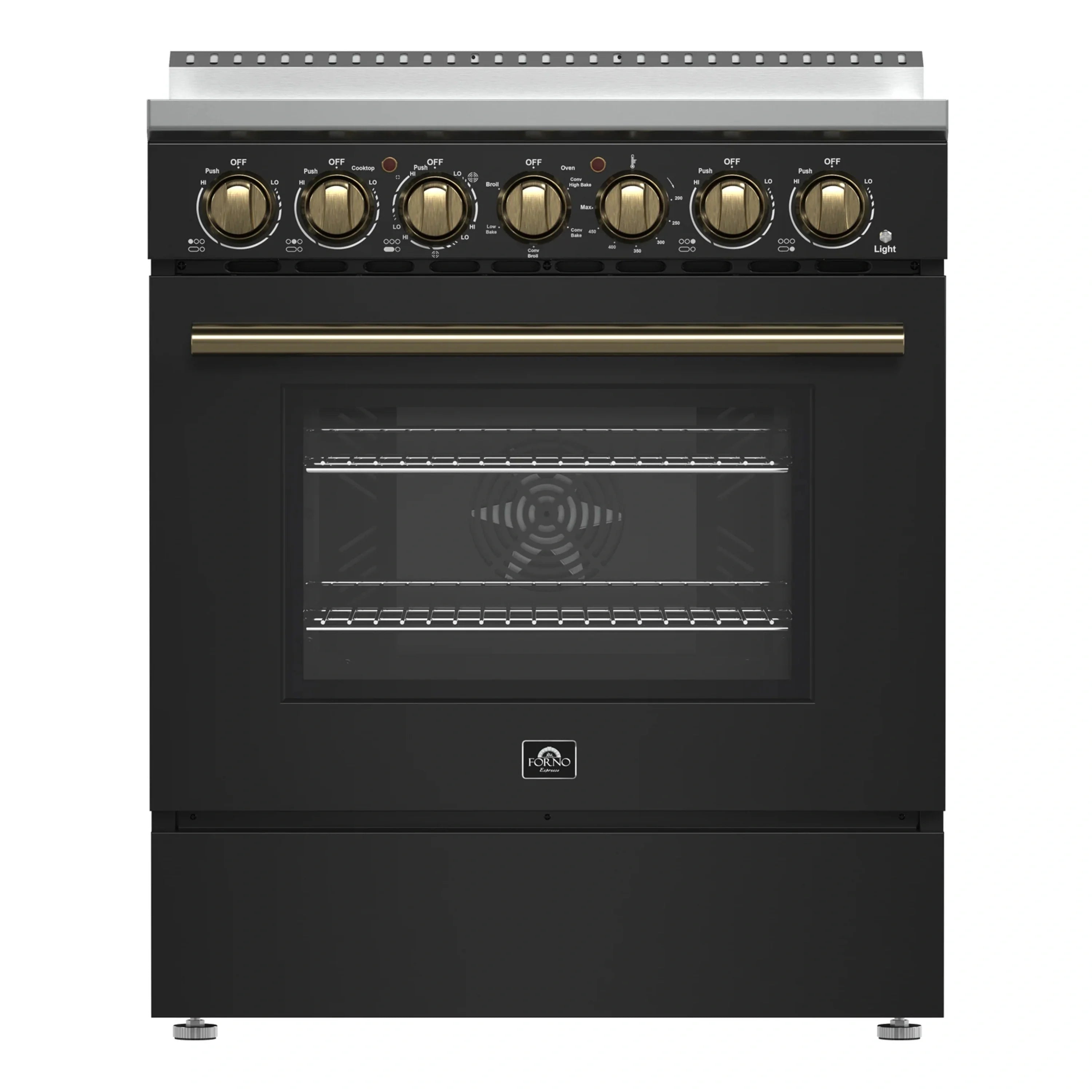 Black electric range with brass-tone control knobs and oven window