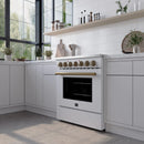 Forno 5-Piece Appliance Package - 30-Inch Electric Range, Wall Mount Range Hood, 36-Inch Refrigerator, Dishwasher, and 30-Inch Microwave Drawer in White with Antique Brass Handle