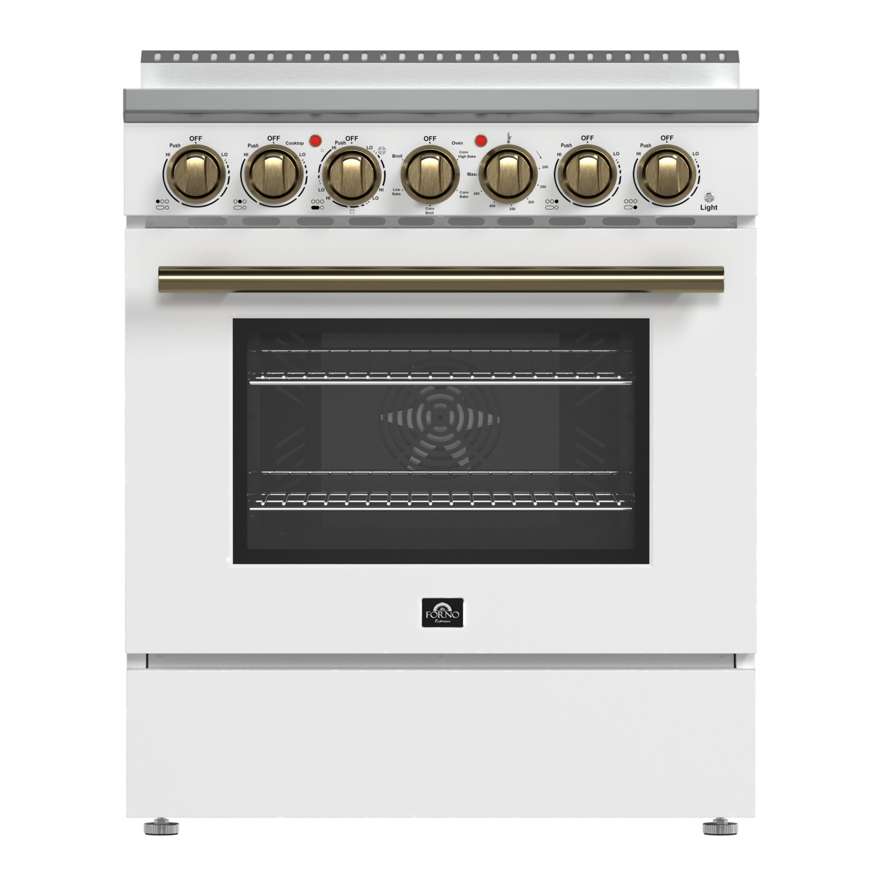 White electric range with glass oven door and antique brass control knobs