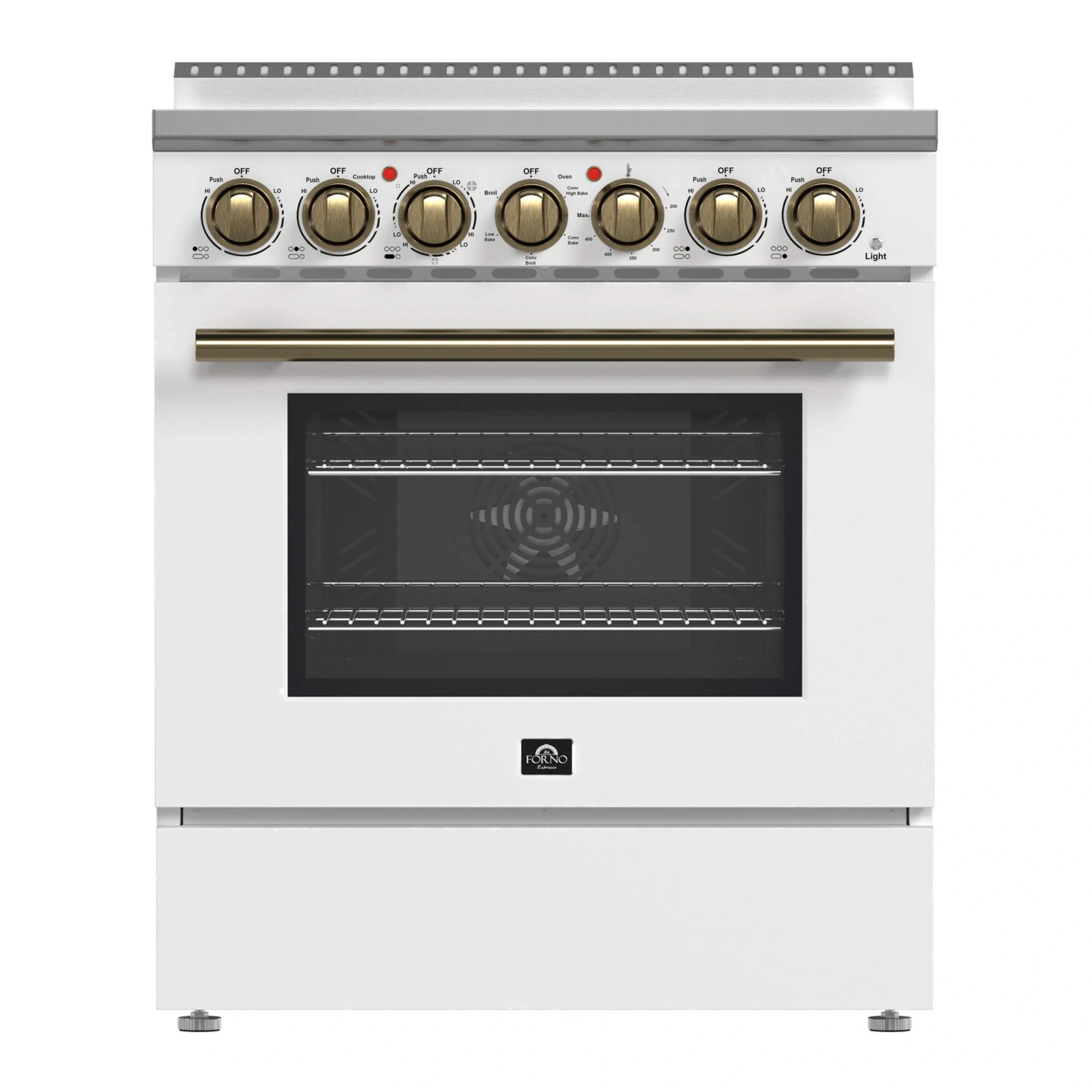 White 30-inch electric range with antique brass knobs and oven door window