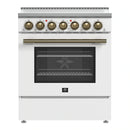 Forno 5-Piece Appliance Package - 30-Inch Electric Range, Wall Mount Range Hood, 60-Inch Refrigerator, Dishwasher, and 30-Inch Microwave Drawer in White with Antique Brass Handle