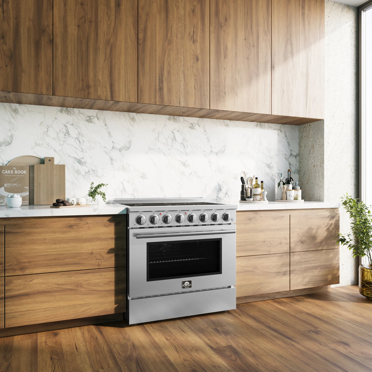 Forno Paolo 36-Inch Freestanding Electric Range with 6 Elements and 5.44 Cu.Ft True Convection Oven in Stainless Steel shown in a styled kitchen