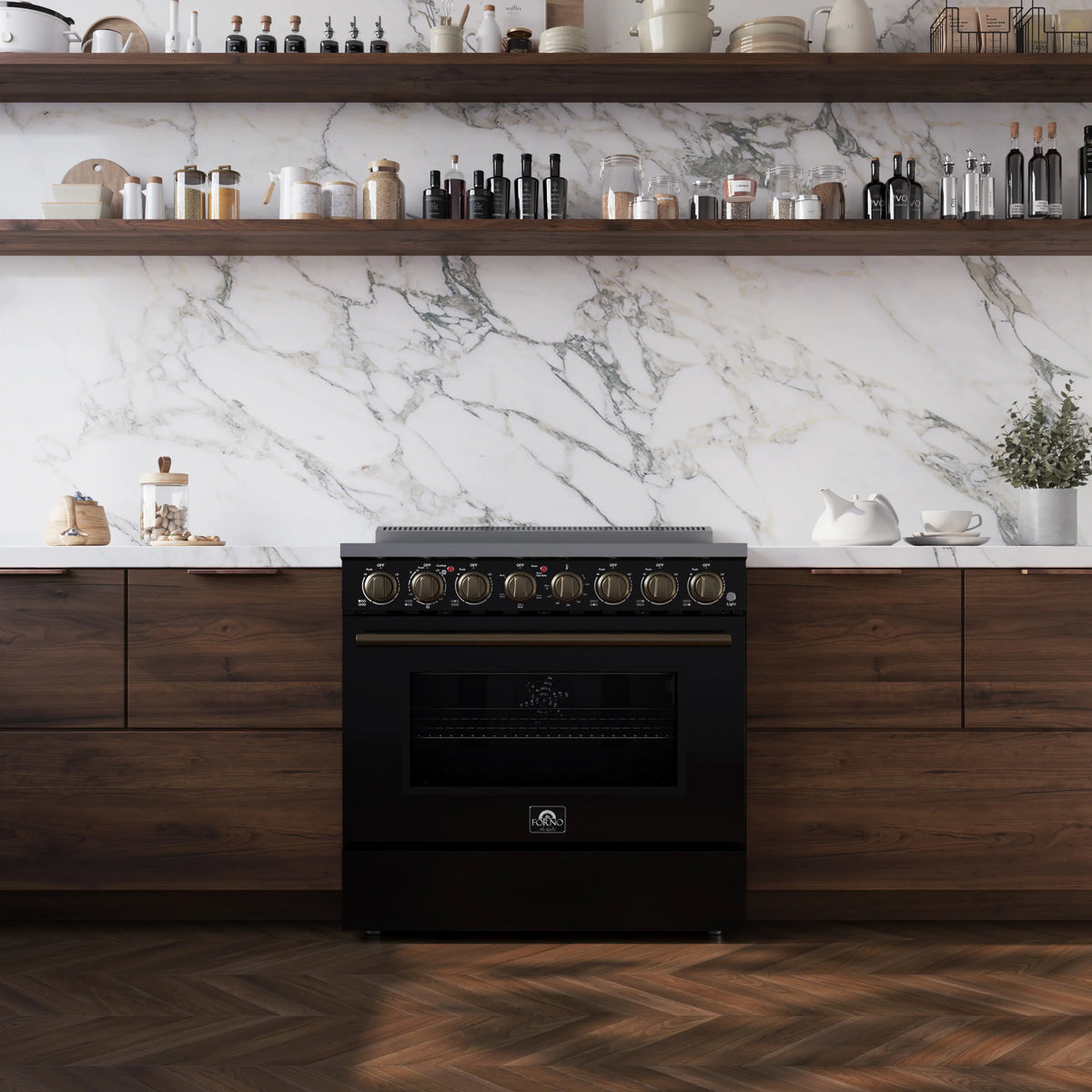 Forno Paolo 36-Inch Freestanding Electric Range with 6 Elements and 5.44 Cu.Ft True Convection Oven in Black shown in a styled kitchen