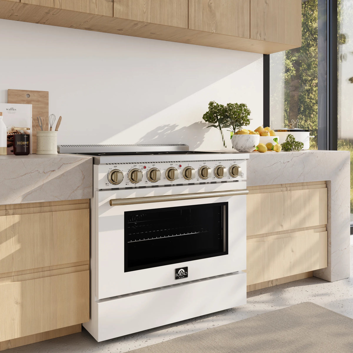 Forno Paolo 36-Inch Freestanding Electric Range with 6 Elements and 5.44 Cu.Ft True Convection Oven in White with Antique Brass Trim shown in a styled kitchen