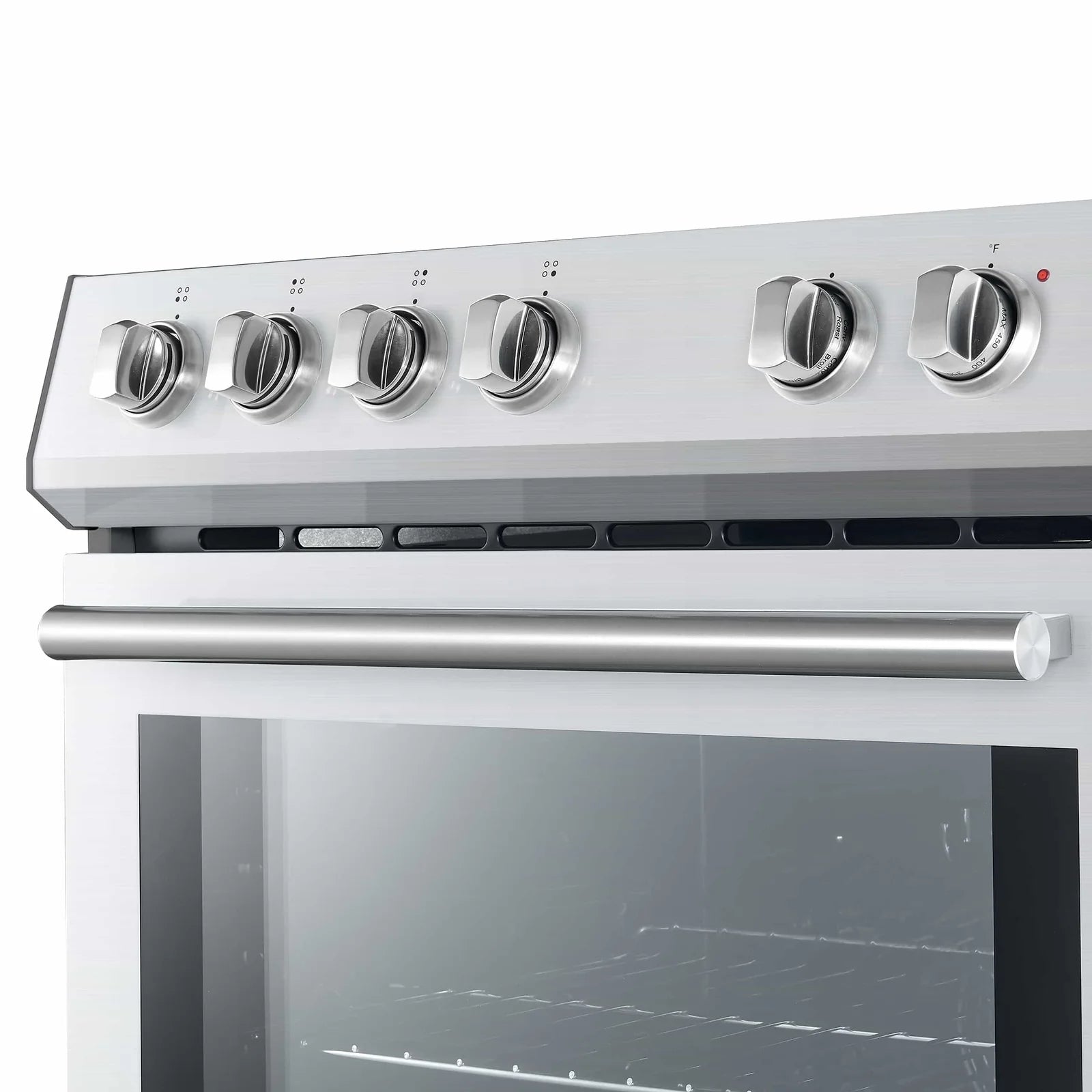 Stainless electric range front with control knobs and oven window