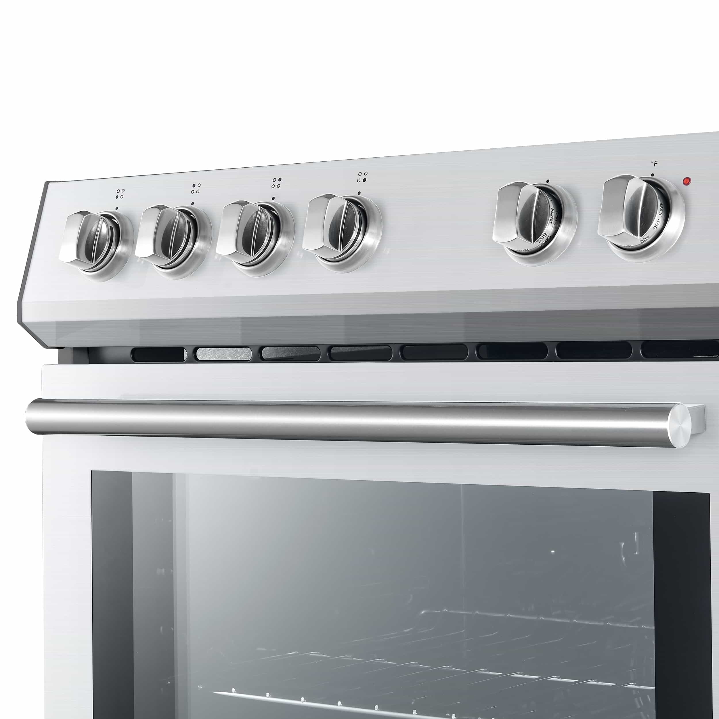 Stainless steel electric range control panel with burner knobs and stainless front rail