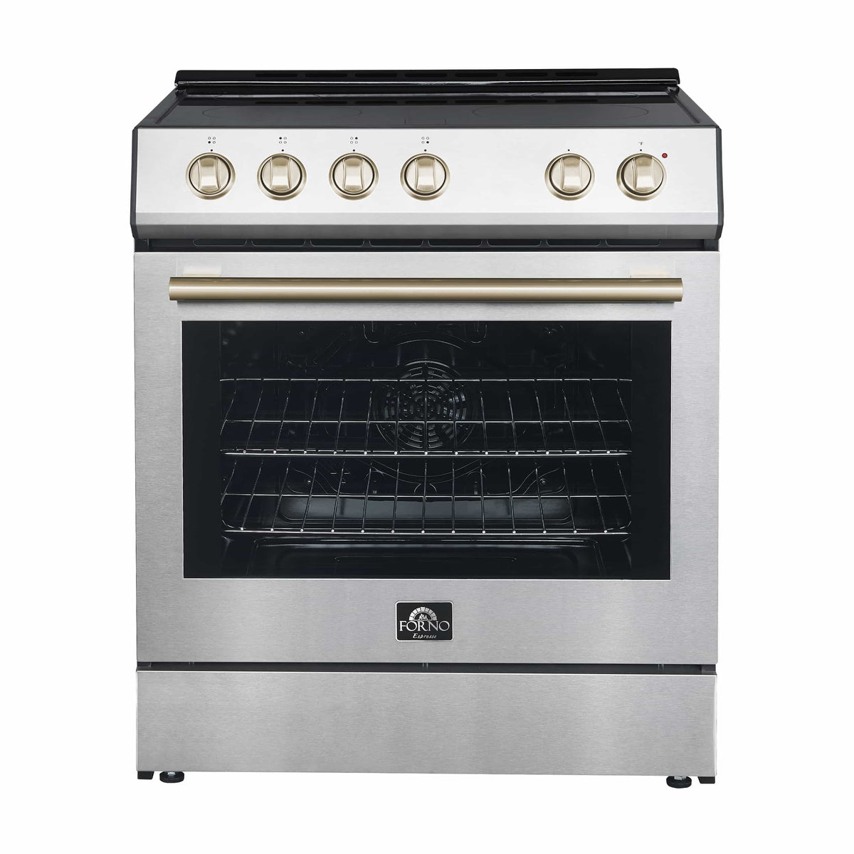 Stainless steel electric range front view with control knobs and oven door