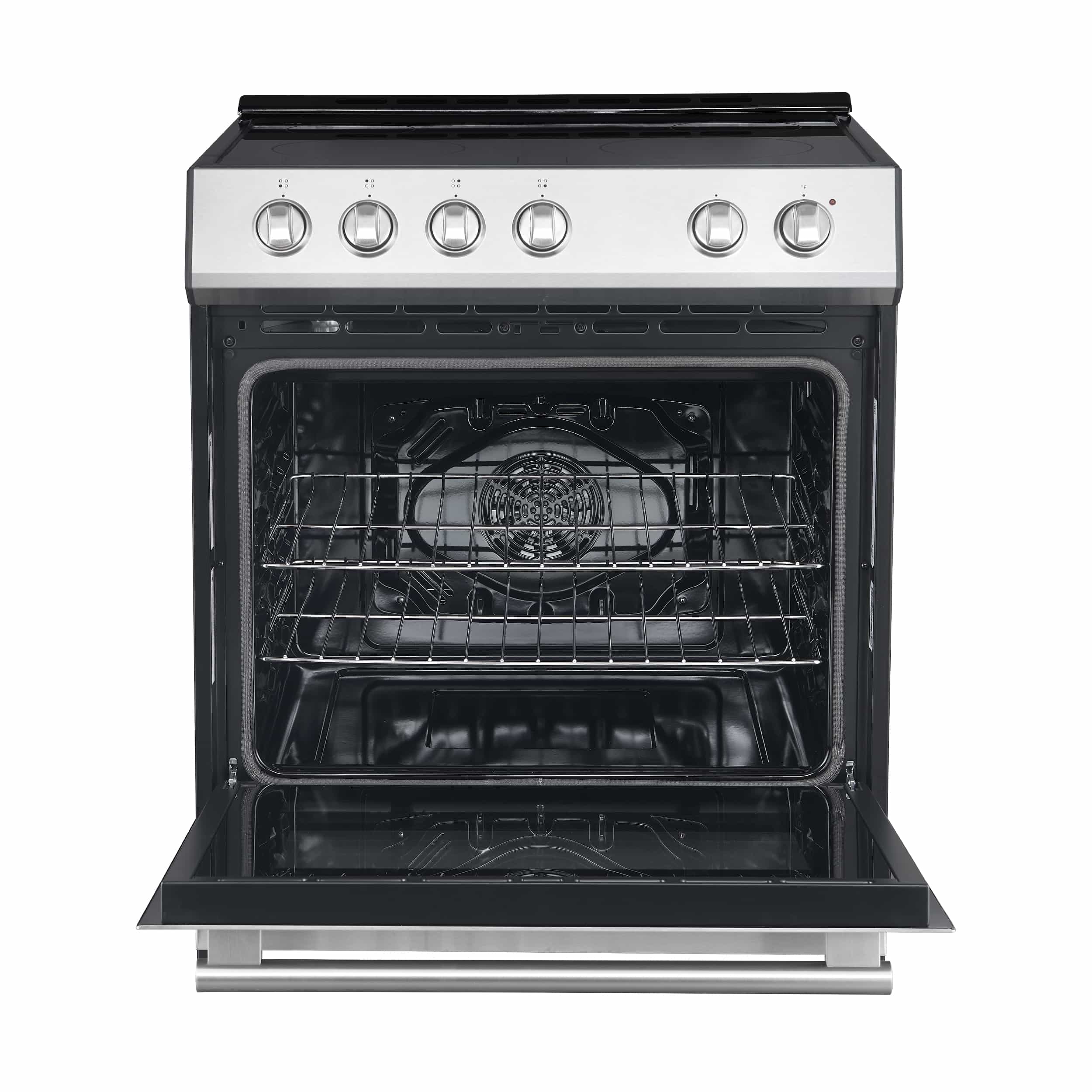 Stainless steel electric range with oven door open, visible racks and control panel
