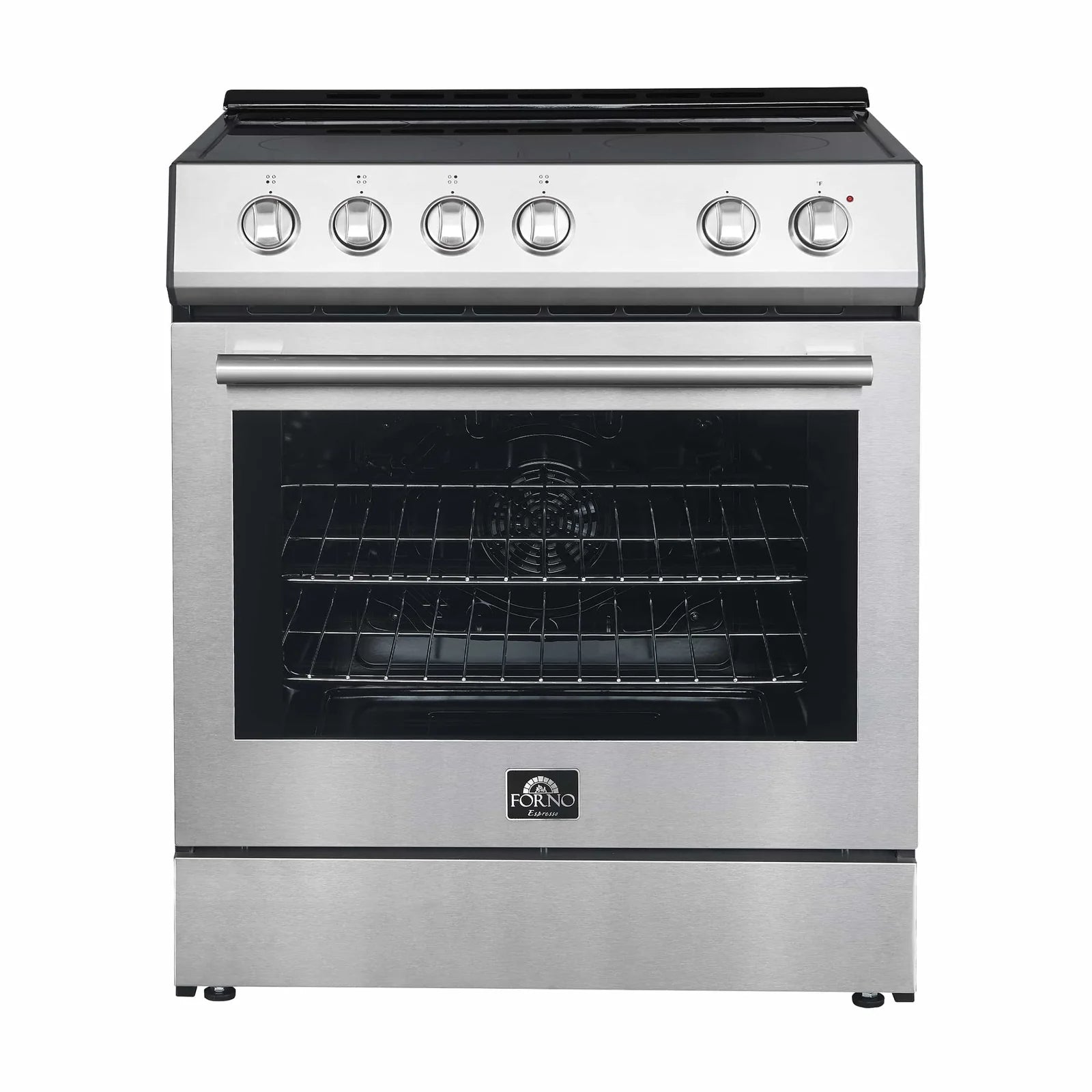 Stainless steel electric range with control knobs, oven window, and stainless oven handle