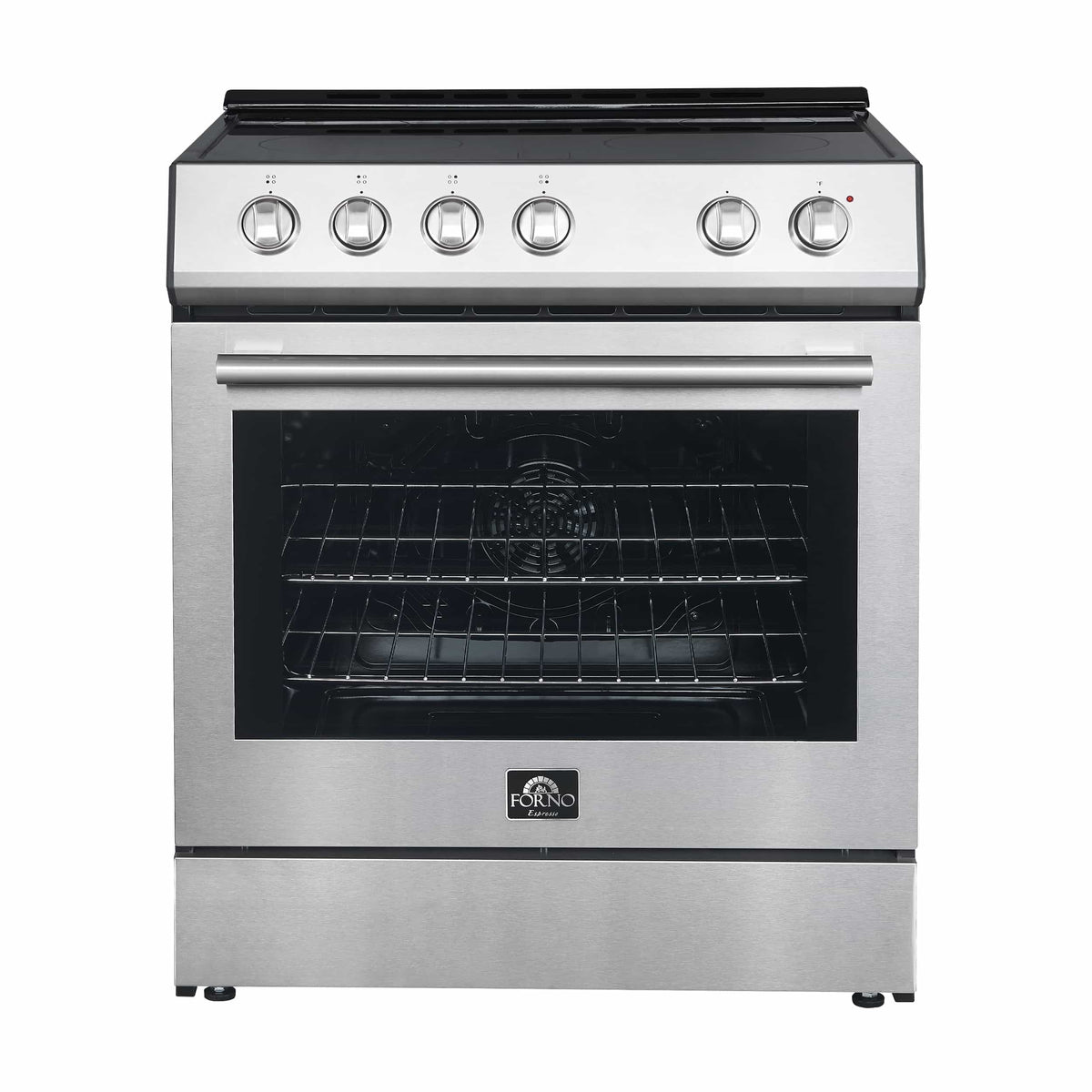 Stainless electric range with silver control knobs and black oven door window