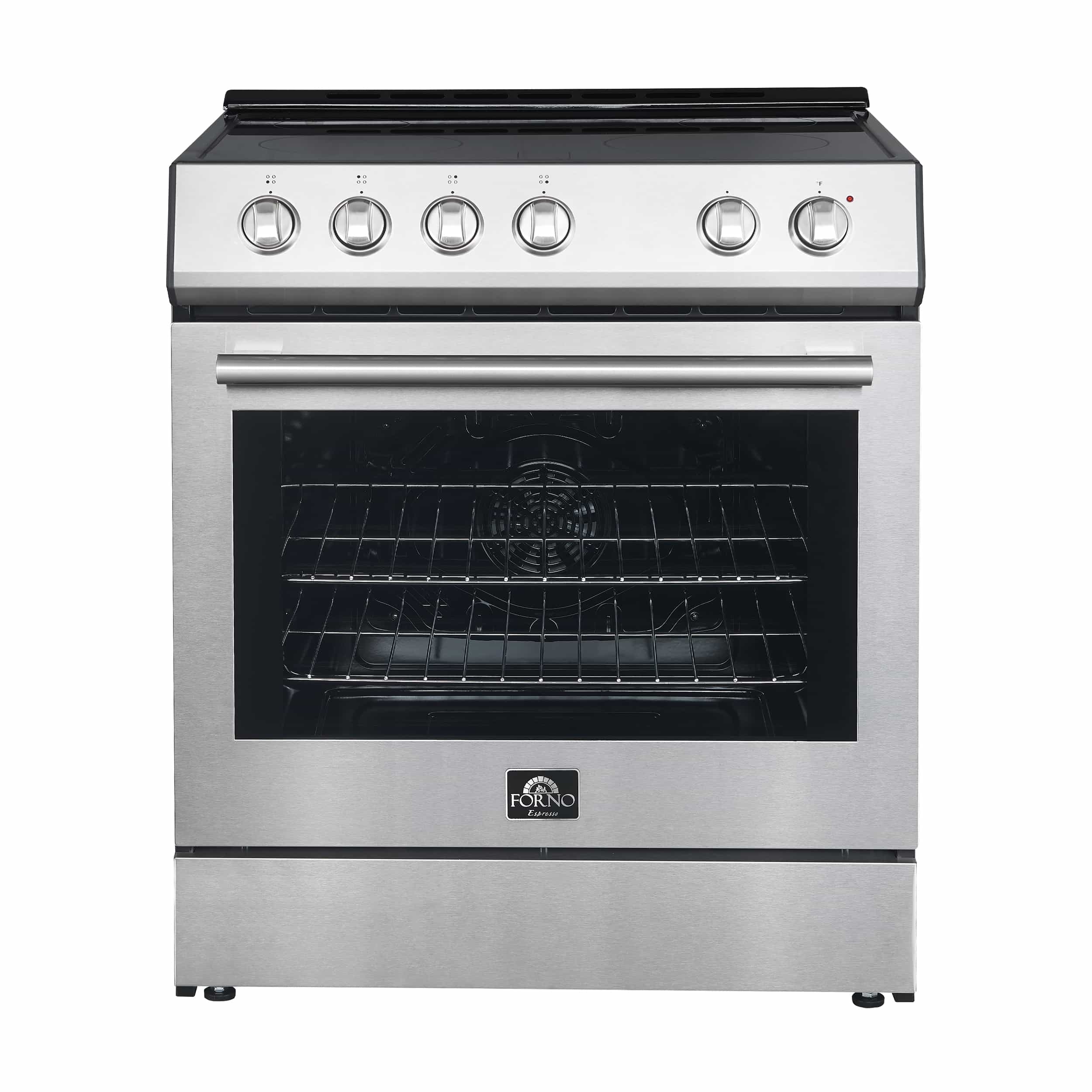 Stainless steel freestanding electric range with glass oven door and front control knobs