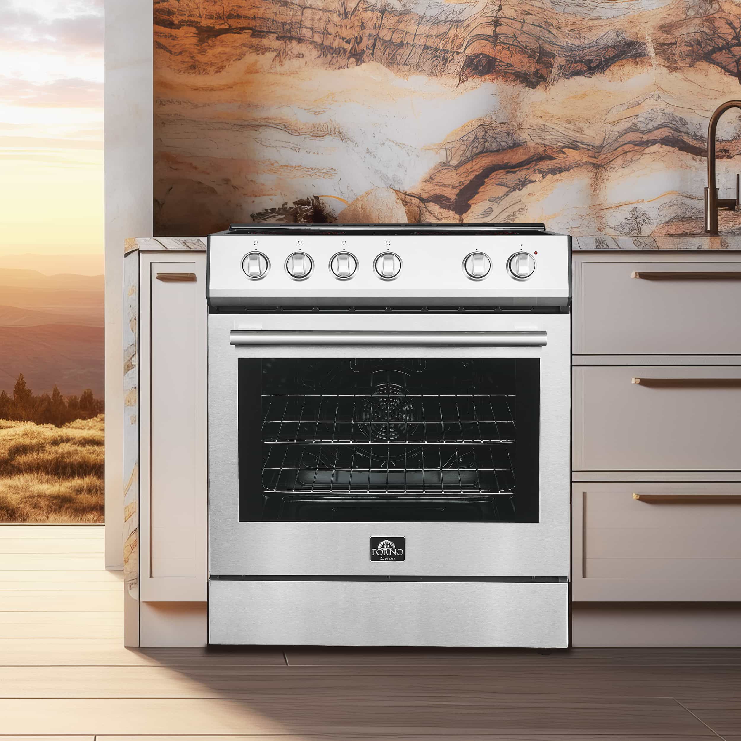 Stainless steel electric range with oven window, control knobs, and flat top burners