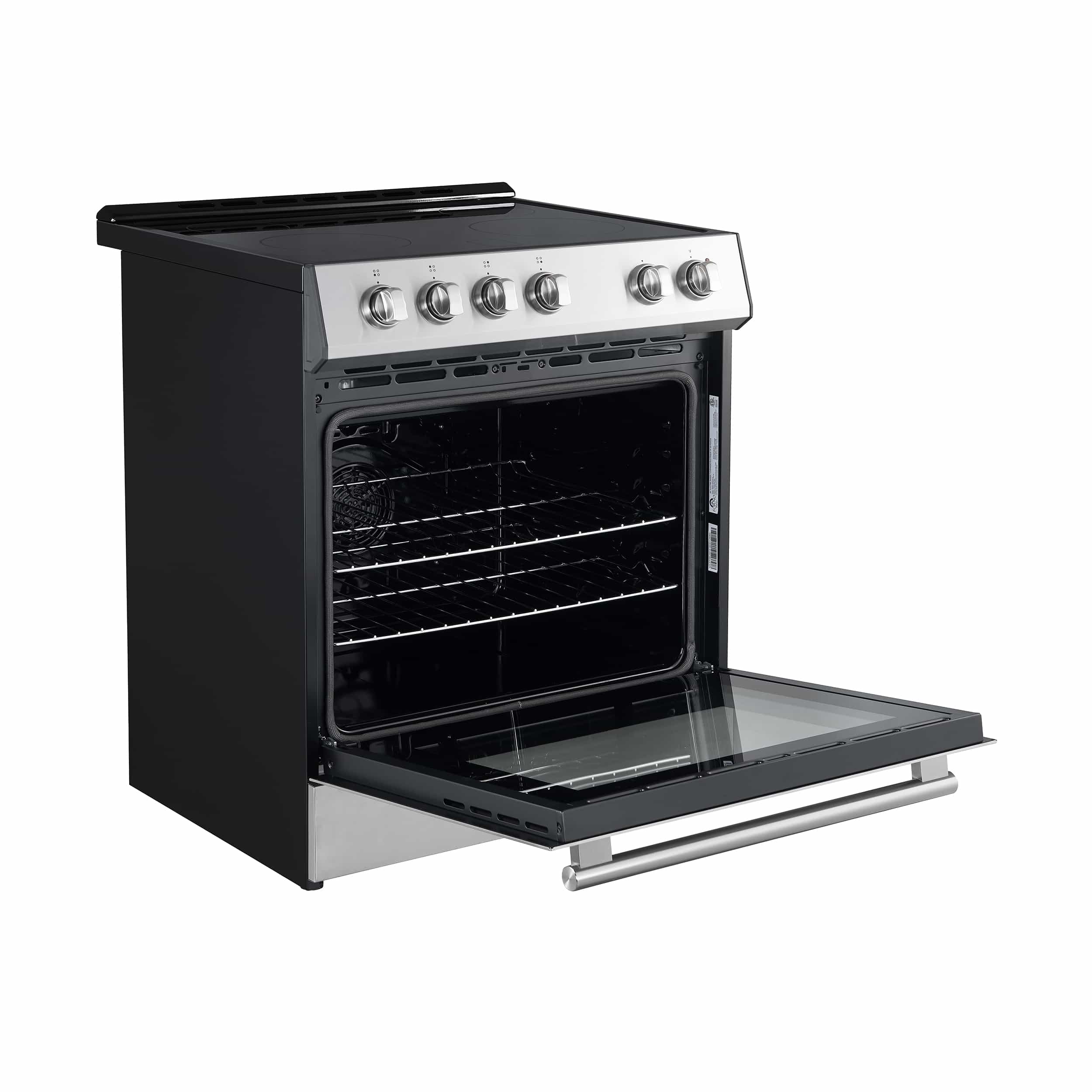 Stainless steel electric range with oven door open and four front control knobs