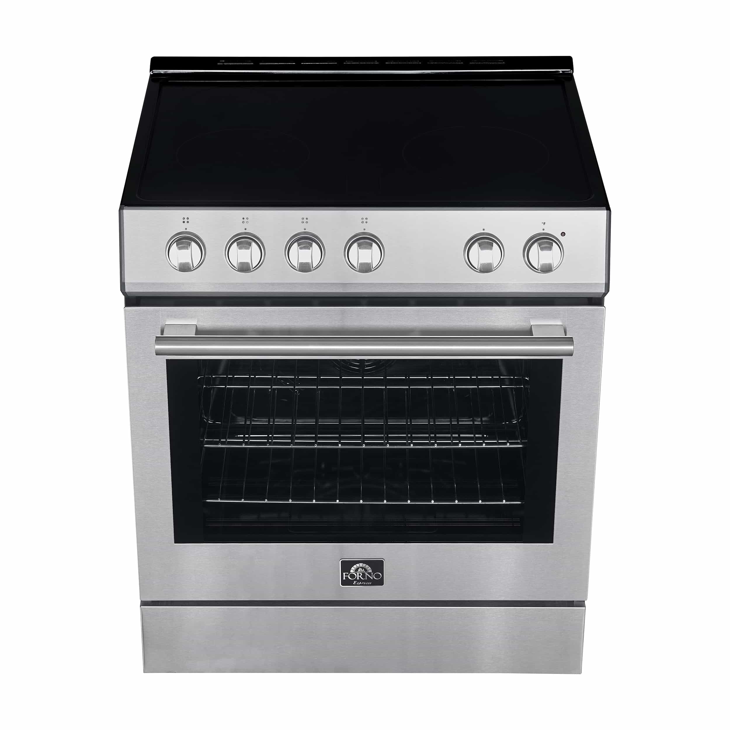 Stainless steel electric range front with control knobs and closed oven door