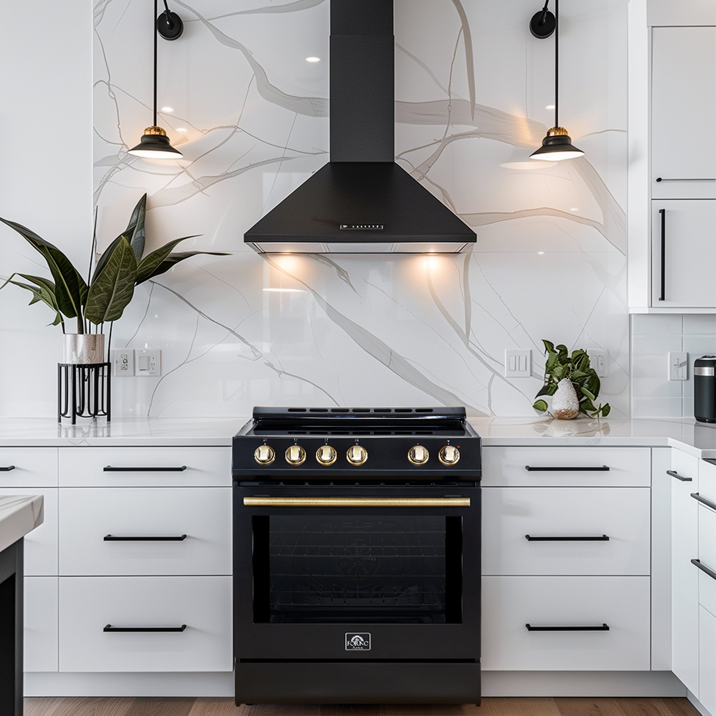 Black electric range with antique brass trim, front view with oven and cooktop knobs