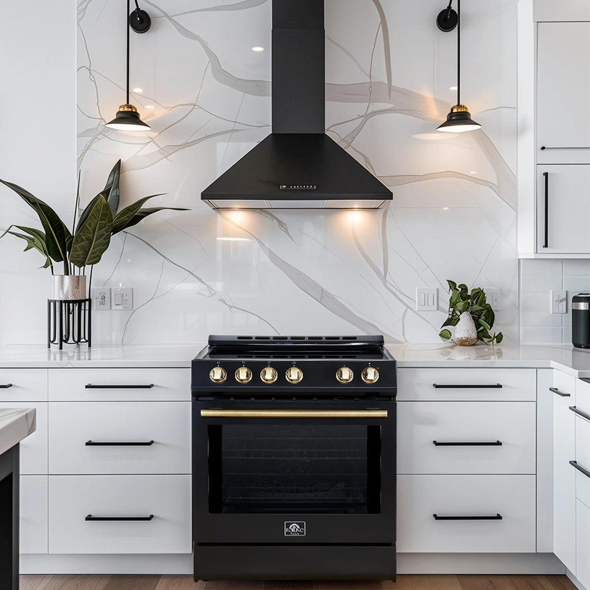 Black freestanding electric range with oven window and over-range hood