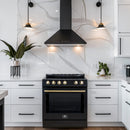 Forno 5-Piece Appliance Package - 30-Inch Electric Range, Under Cabinet Range Hood, Refrigerator, Dishwasher, and 24-Inch Microwave Oven in Black with Antique Brass Trim