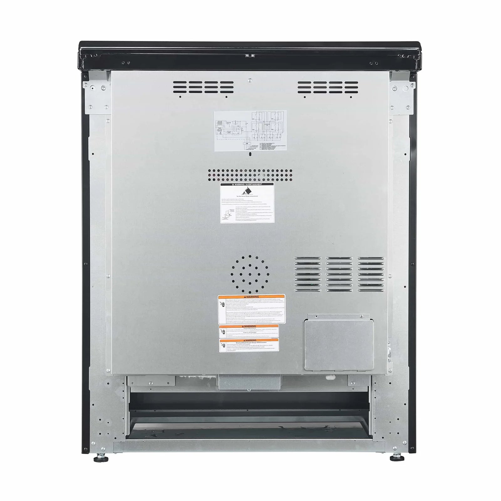 Black electric range rear panel with ventilation grilles and service access cover