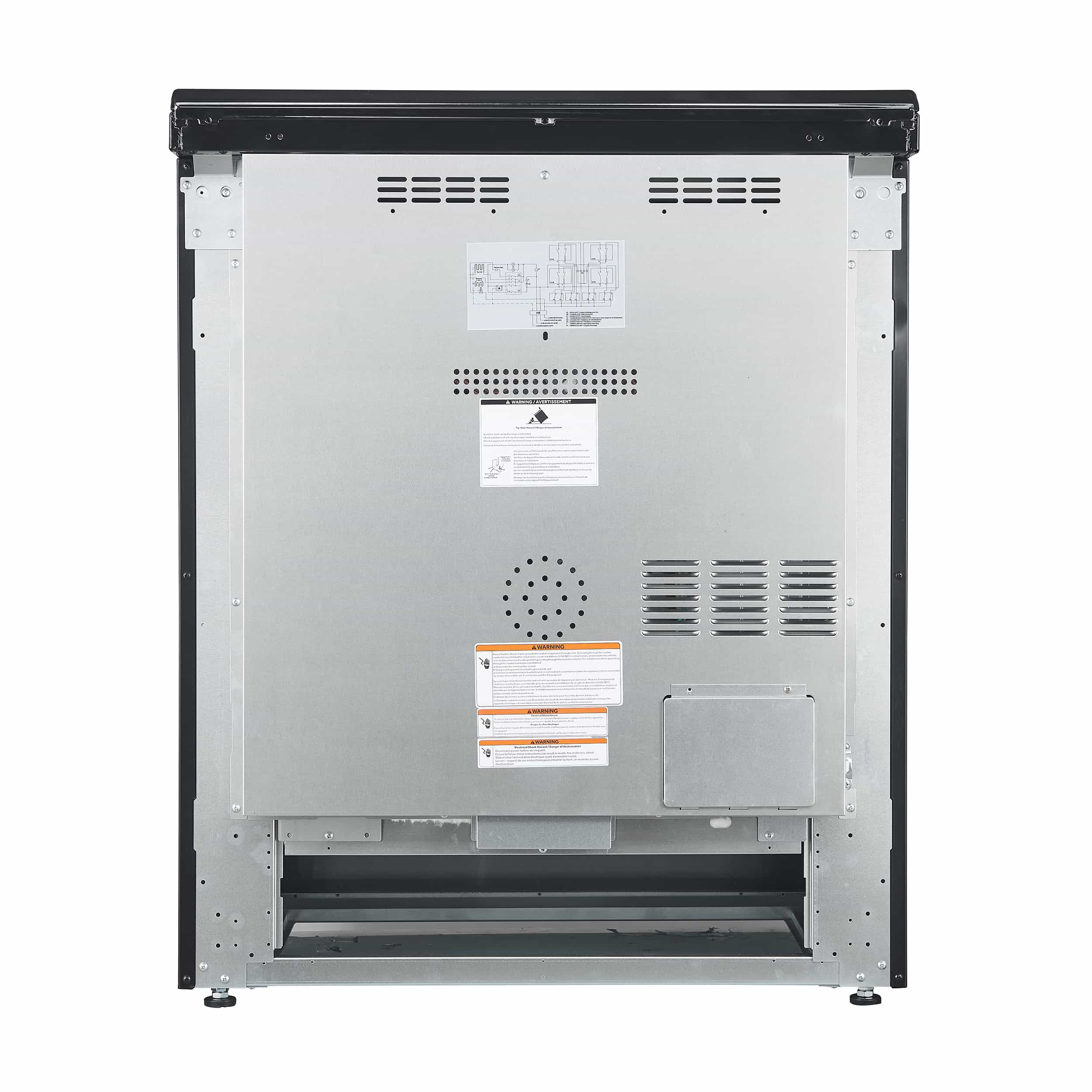 Black electric range back panel with ventilation grilles and wiring access cover
