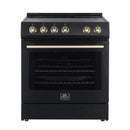 Forno Espresso 3-Piece Appliance Package - 30-Inch Electric Range with 5.0 Cu.Ft. Electric Oven, Built-In Refrigerator, and Under Cabinet Range Hood in Black with Antique Brass Trim