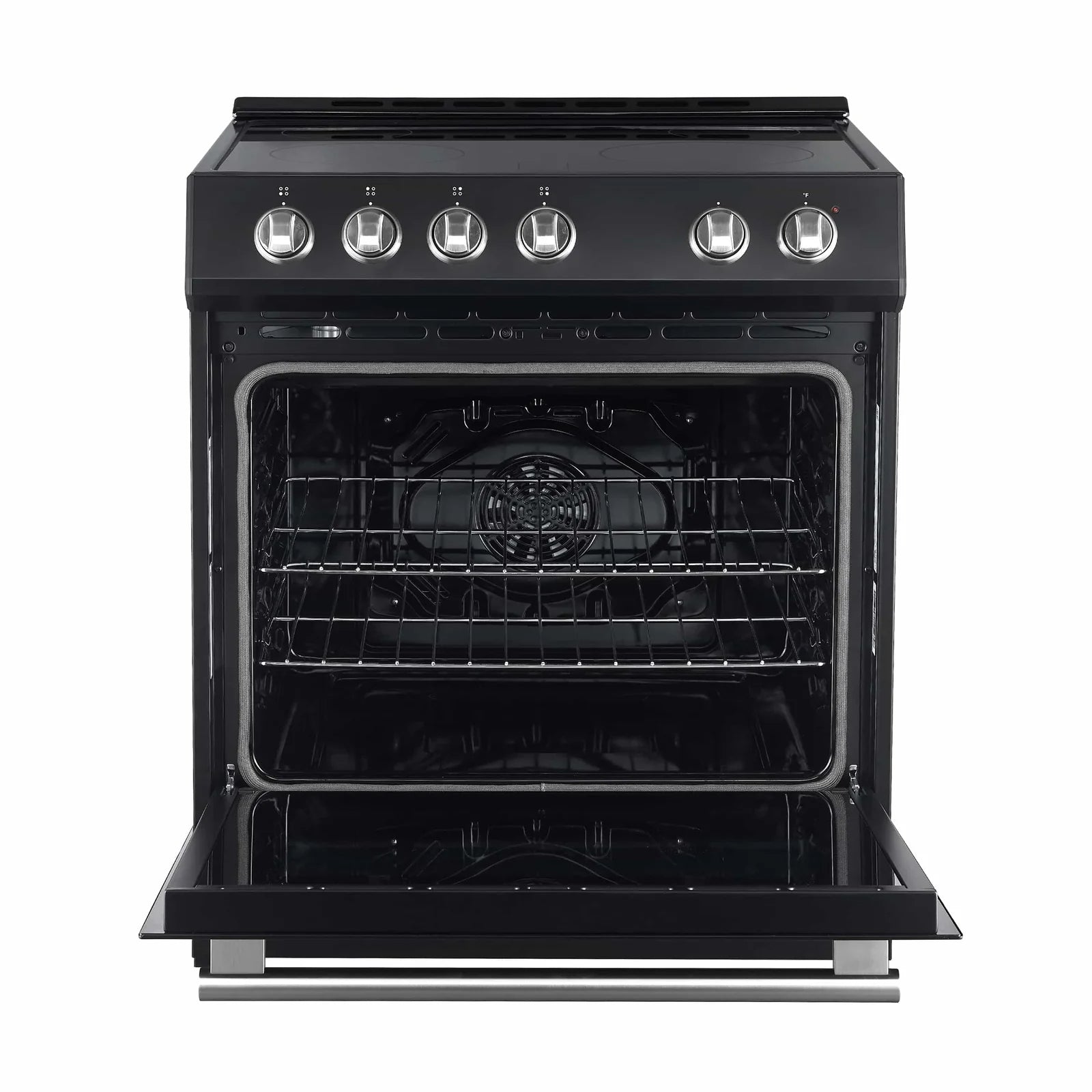 Black electric range oven door open showing racks and heating elements