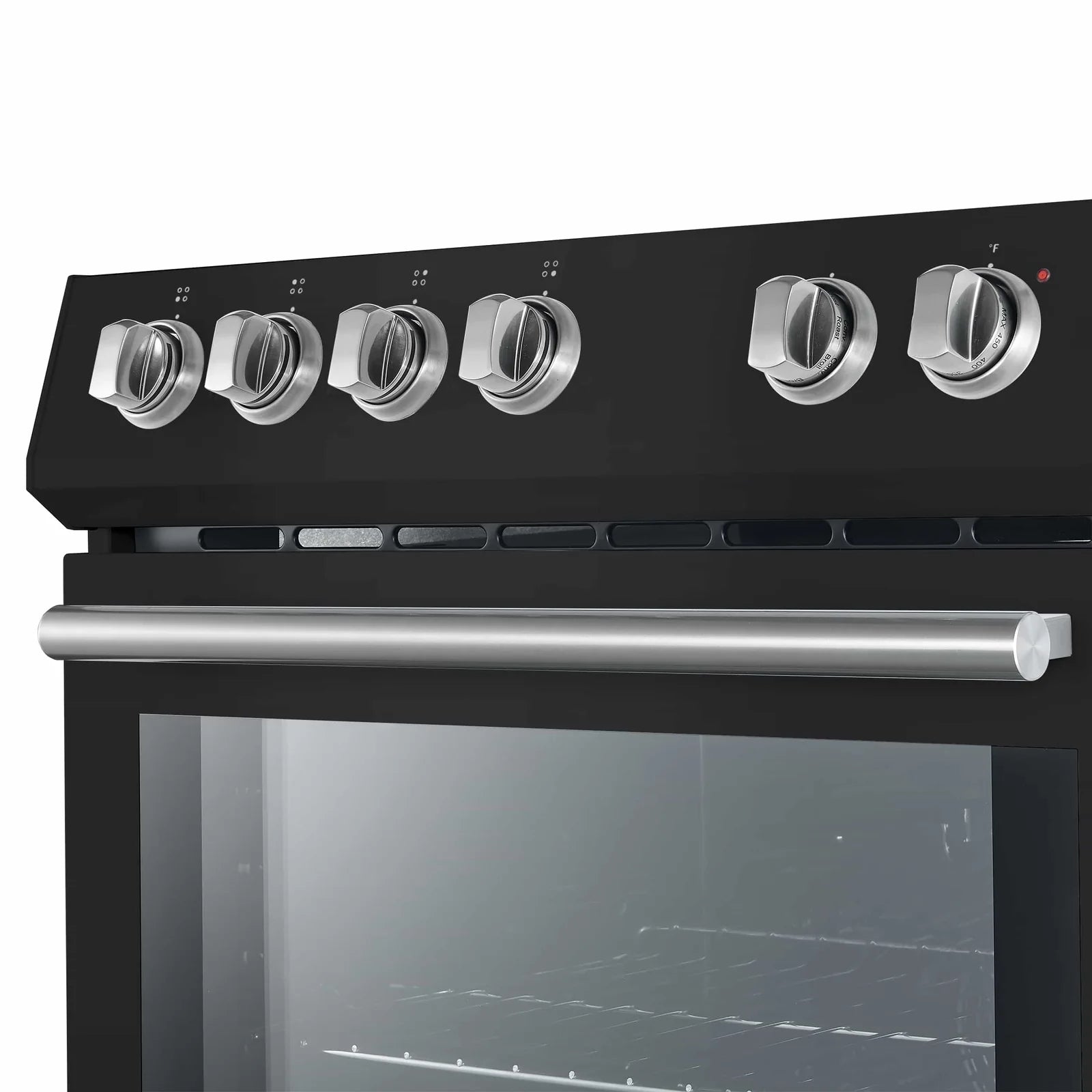 Black electric range control panel with gold knobs and stainless oven handle