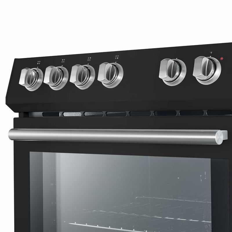 Forno 5-Piece Appliance Package - 30-Inch Electric Range, Under Cabinet Range Hood, Refrigerator with Water Dispenser, Dishwasher, and  Microwave Drawer in Black with Antique Brass Trim