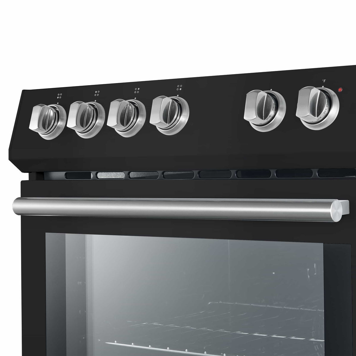 Black electric range cooktop with six silver control knobs and stainless front handle.