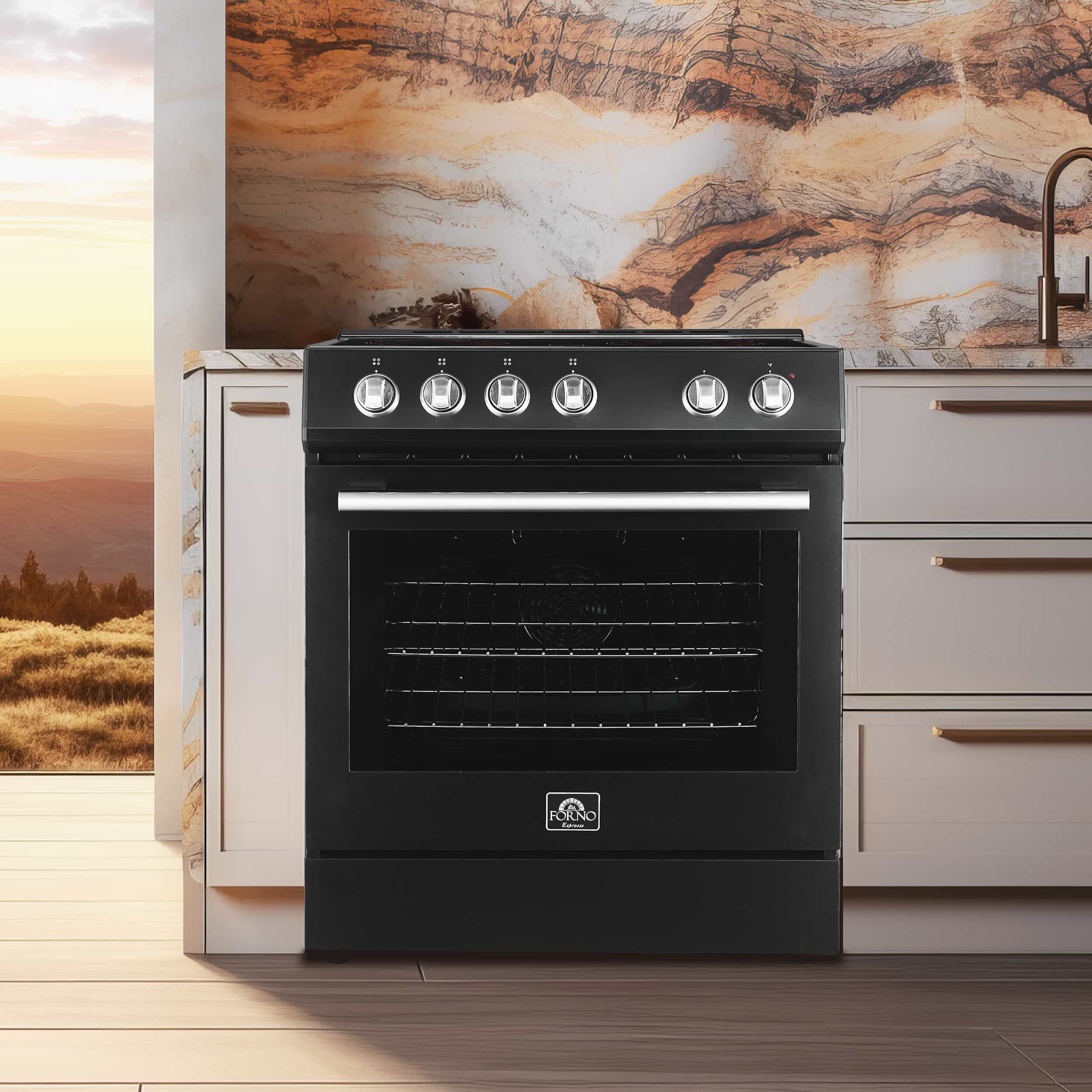 Black electric range with stainless knobs and oven door, front view