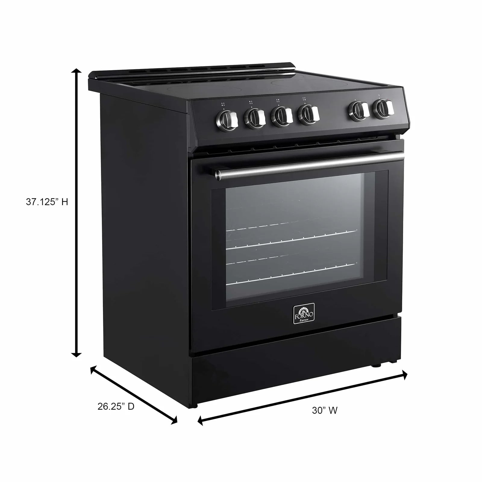 Black electric range with front control knobs and height/width measurement lines