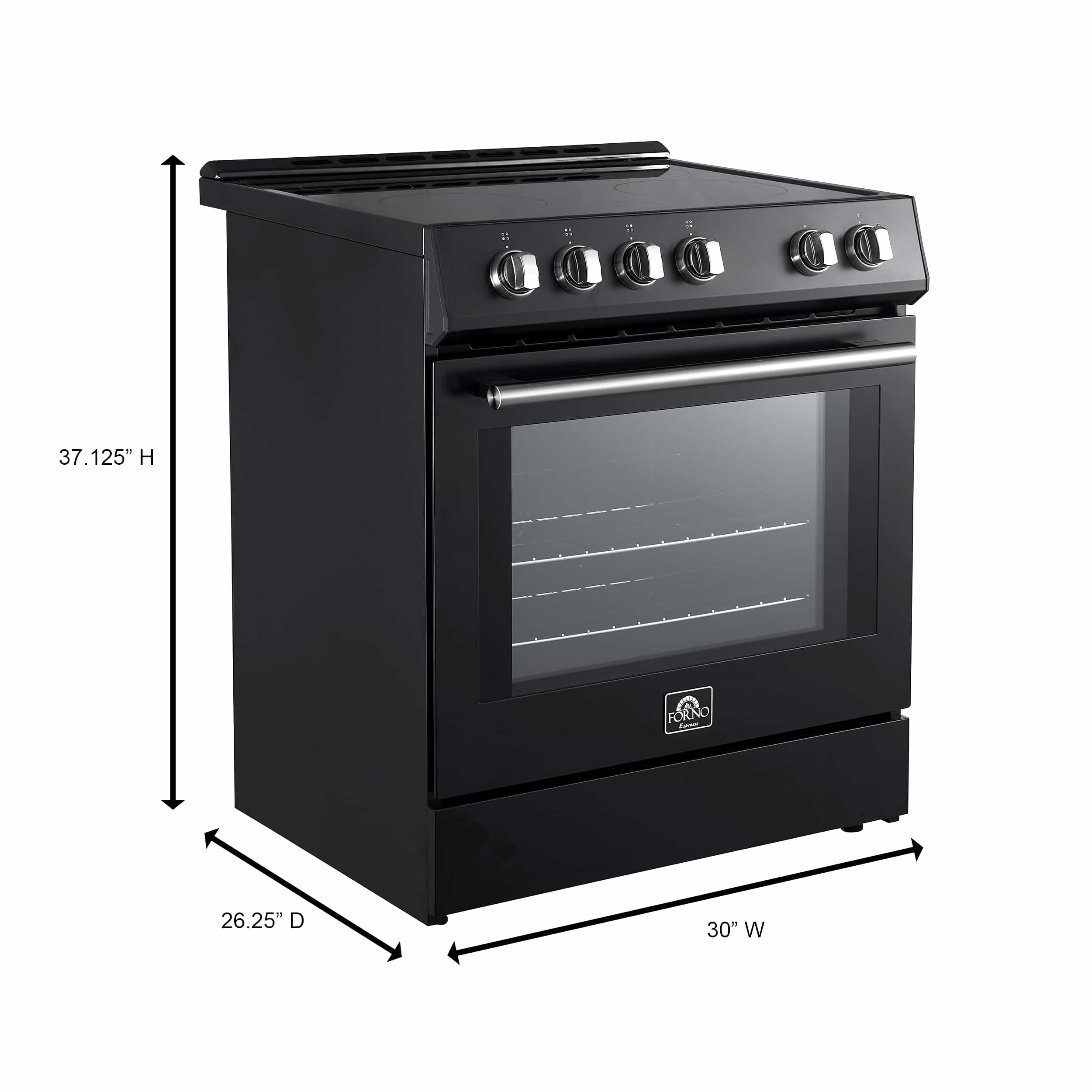 Black electric range with glass oven door and control knobs, stainless-trim finish